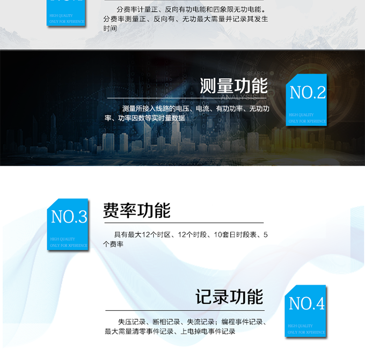 主要功能
電能計(jì)量功能
具有正、反向有功, 無功四象限電能計(jì)量功能；
具有分時(shí)計(jì)量功能；具有計(jì)量分相有功電能量功能。
需量測(cè)量功能
有功需量測(cè)量、無功需量測(cè)量、結(jié)算日需量
實(shí)時(shí)量測(cè)量功能
測(cè)量、記錄、顯示當(dāng)前電能表的總及各分相電壓、電流、功率、功率因數(shù)、頻率、表內(nèi)溫度等運(yùn)行參數(shù)。
提供越限監(jiān)測(cè)功能。
時(shí)鐘功能
采用具有溫度補(bǔ)償功能的內(nèi)置硬件時(shí)鐘電路，具有日歷、計(jì)時(shí)和閏年自動(dòng)切換功能。
費(fèi)率、時(shí)段功能
事件記錄功能
凍結(jié)功能
定時(shí)凍結(jié)、瞬時(shí)凍結(jié)、約定凍結(jié)、日凍結(jié)、整點(diǎn)凍結(jié)
負(fù)荷記錄功能
電壓合格率統(tǒng)計(jì)功能
可記錄12個(gè)月的電壓統(tǒng)計(jì)數(shù)據(jù)。
報(bào)警功能
光報(bào)警、聲報(bào)警、LCD顯示報(bào)警
安全防護(hù)功能
密碼防護(hù)、編程開關(guān)防護(hù)
通訊功能
至少具有一個(gè)紅外通信接口、兩個(gè)RS485通信接口。
校時(shí)功能
可通過RS485、紅外等通信接口對(duì)電能表校時(shí)。
電表清零功能
停電抄表功能
在停電狀態(tài)下，能通過按鍵或非接觸方式喚醒電能表，實(shí)現(xiàn)屏幕顯示抄讀電量和紅外通信口抄讀到當(dāng)前電量和最近一次結(jié)算電量等數(shù)據(jù)。
輔助電源*（可選項(xiàng)）
保電功能*（可選項(xiàng)）
遠(yuǎn)程保電功能、自保電功能